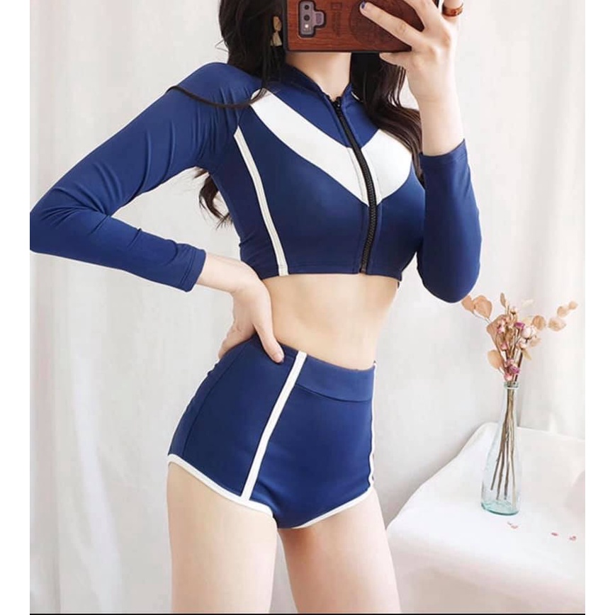 Bikini, Bộ Đồ bơi nữ áo tắm hai mảnh dài tay croptop chất thun lạnh hàn quốc quần cạp cao che bụng cho phụ nữ