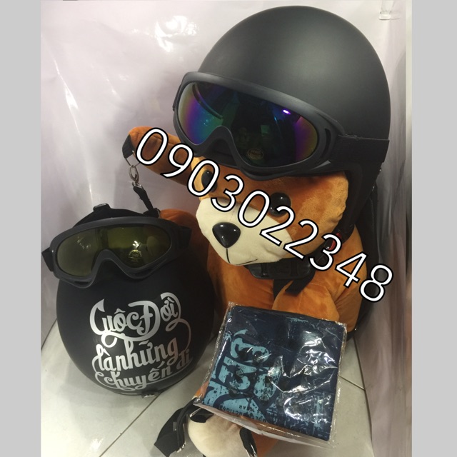 Combo đi phượt: 1 nón 3/4 ĐEN TRƠN kèm kính + 1 khăn đi phượt đa năng