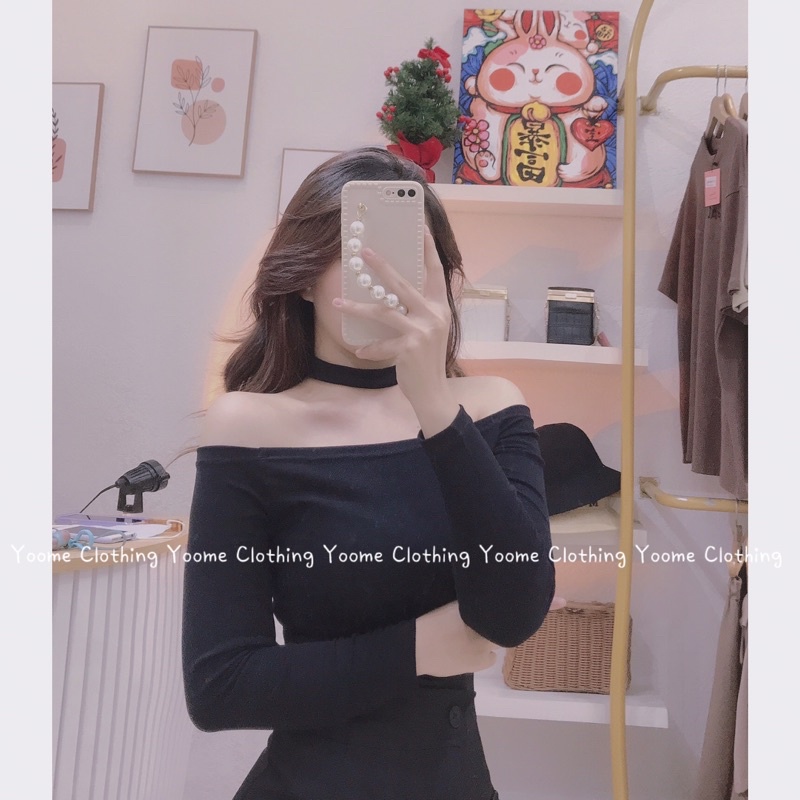 Áo trễ vai tay dài cổ choker tháo rời chất cottonzip dày dặn co giãn đa chiều Yoomeclothing ( ảnh thật tại shop )