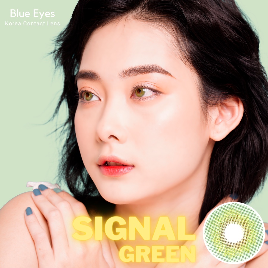Kính áp tròng cao cấp Hàn Quốc màu xanh lá SINGNAL GREEN, lens giãn nhẹ 14.0, 1 cặp lens  tặng kèm nước nhỏ dưỡng  mắt .