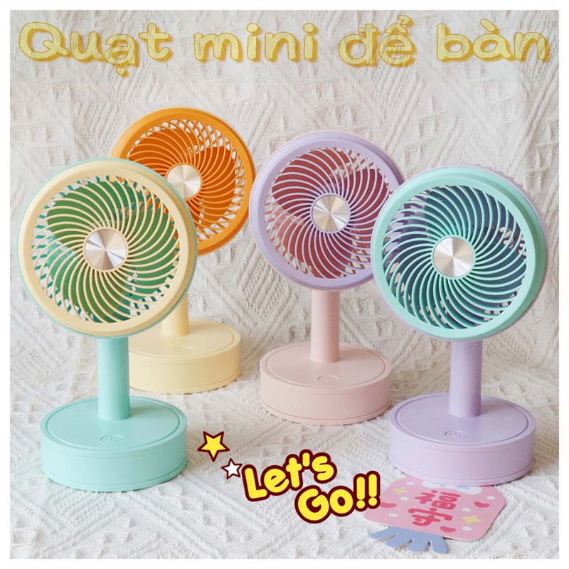Quạt tích điện mini cầm tay để bàn nhỏ gọn 3 tốc độ gió có pin sạc đi kèm