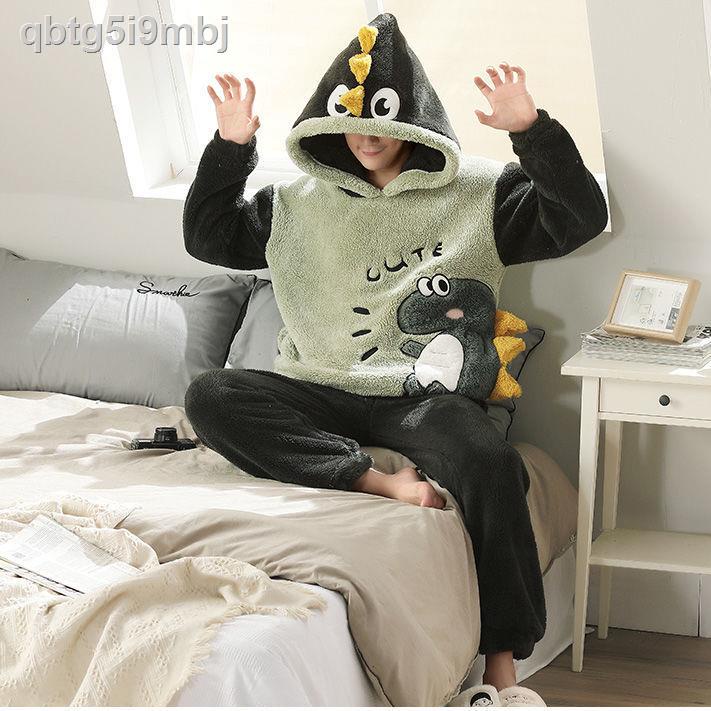 Bộ đồ ngủ nam mùa thu và đông san hô nhung dày dặn cộng với vải nỉ thiếu niên sinh viên hoạt hình có mũ trù