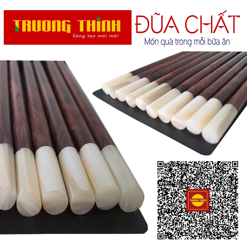 Đũa Gỗ Trắc Vân Đầu Gắn Ngọc Trắng Cao Cấp - Hộp Màu Đen - 10 Đôi Tròn