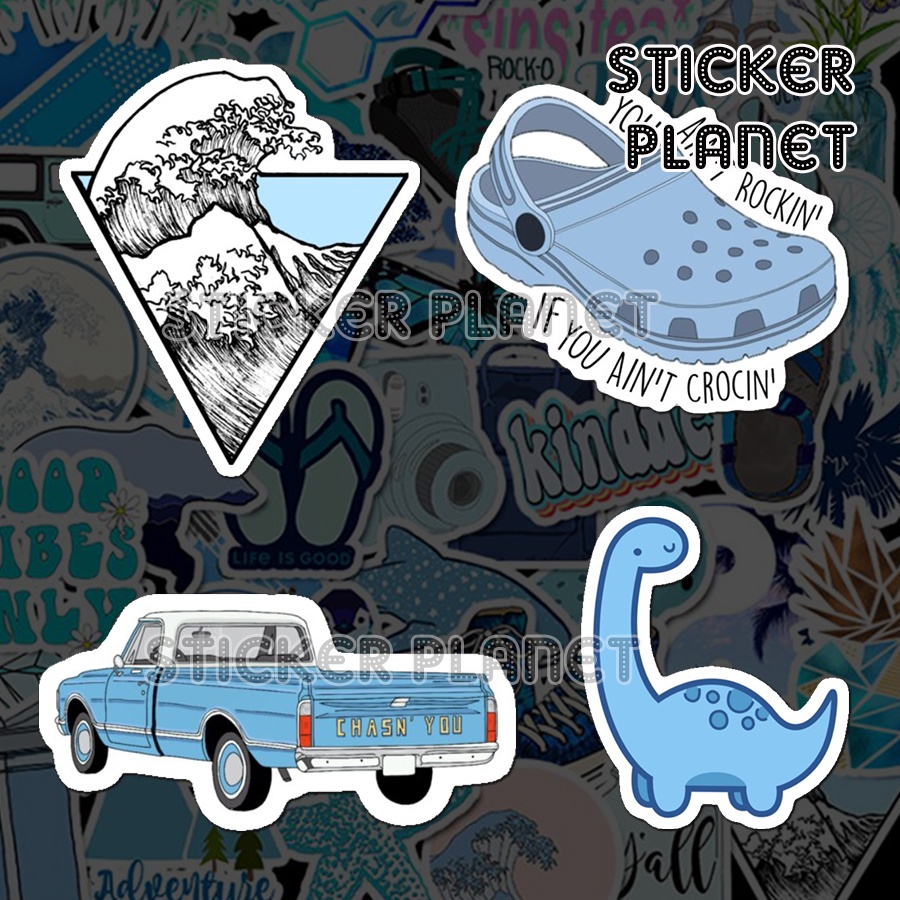 Bộ sticker chống thấm nước trang trí mũ bảo hiểm, đàn, guitar, ukulele, điện thoại laptop chủ đề màu xanh dương