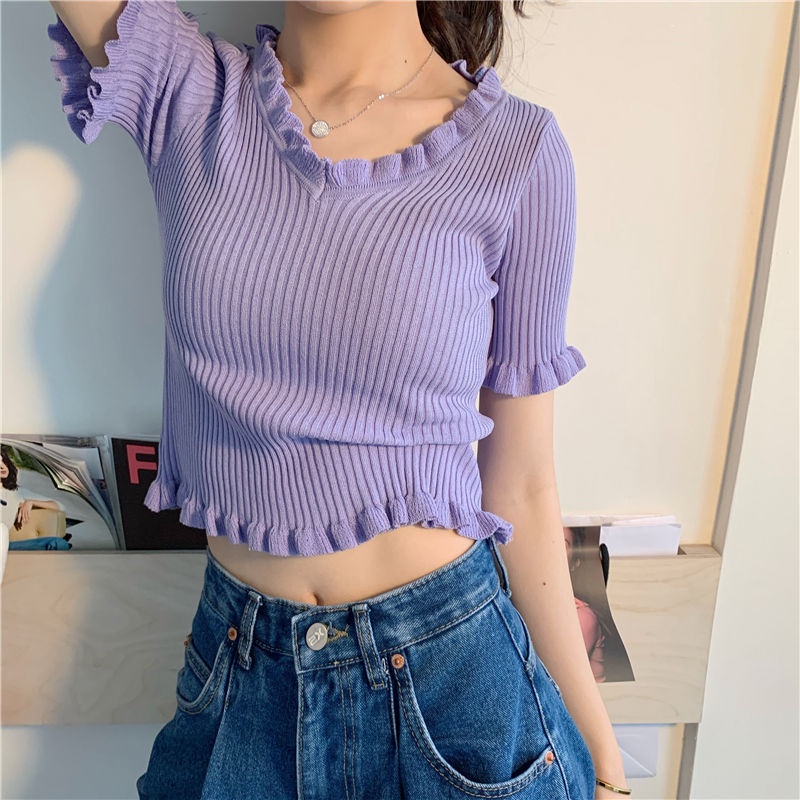 AMOI Áo Thun Nữ Ngắn Tay Cổ Chữ V Chấm Bi Thời Trang