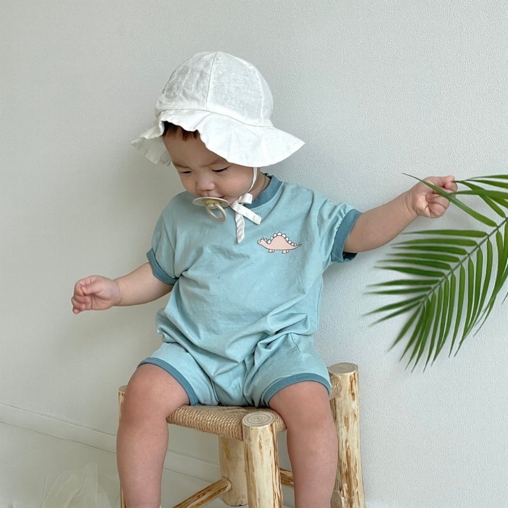 Bộ Áo Liền Quần Tay Ngắn Vải Cotton In Hoạt Hình Khủng Long Dễ Thương Cho Bé Sơ Sinh Từ 0-2 Tuổi