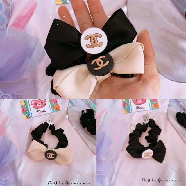 Dây buộc tóc, đồ cột tóc nơ đen và nơ màu nude có khắc logo chanel cao cấp, dây cột chắc chắn - thế giới phụ kiện Mirai