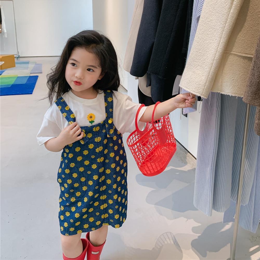 Đầm Yếm Denim In Hoa Dễ Thương Phong Cách Hàn Quốc Thời Trang Cho Bé Gái