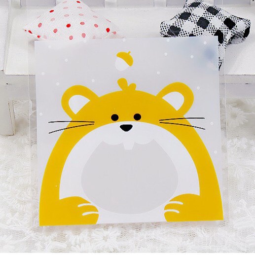 Set 100 túi kích thước 7x7cm đựng bánh kẹo, sticker hình động vật dễ thương Canarystore54