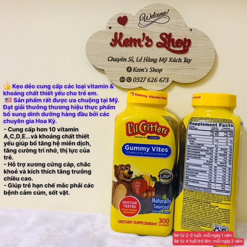 kẹo dẻo gấu giúp bổ sung các loại vitamin và khoáng chất cho trẻ [Gummy Vites Complete Multiv