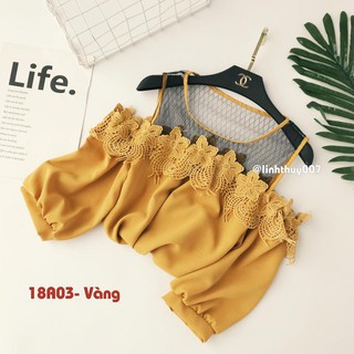 Áo sơ mi trễ vai phối ren lưới chữ x sang chảnh cá tính