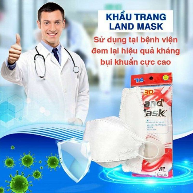 Khẩu Trang 3D Landmask, Khẩu Trang Người Lớn Cao Cấp Hộp 6 Cái, Màu Xanh
