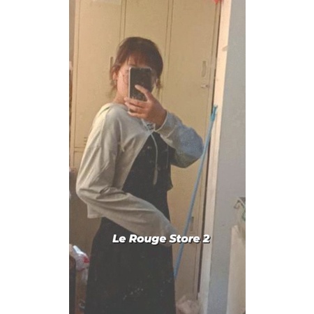 Set ulzzang áo hoodie nỉ mỏng màu xám siêu ngắn + váy hai dây đen vang chéo thời trang có size