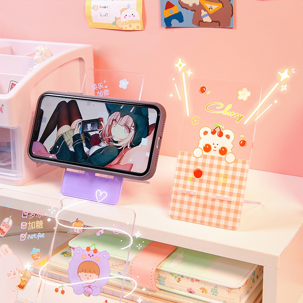 Kệ giá đỡ điện thoại ipad Béo shop bằng nhựa mica dán hình cô gái gấu thỏ rabbit vui nhộn dễ thương