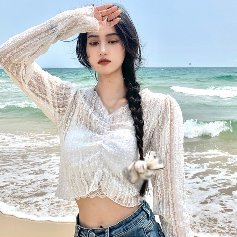 Áo Tay Dài Phối Ren Hoa Thiết Kế Cổ Chữ V Quyến Rũ