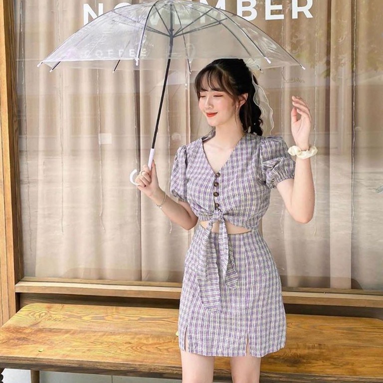 Set Caro Tay Ngắn Cổ Tim Phối Nút Vs Cột Nơ - TK665