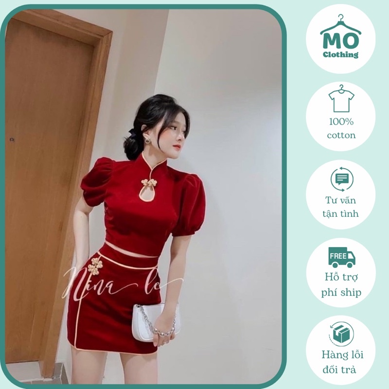 SET CROP ĐỎ NHUNG CỔ TÀU + CHÂN VÁY (kèm ảnh thật khách mặc)