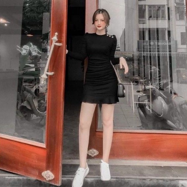 Đầm body đuôi cá phối 3 khuy trên vai Cao cấp_UN