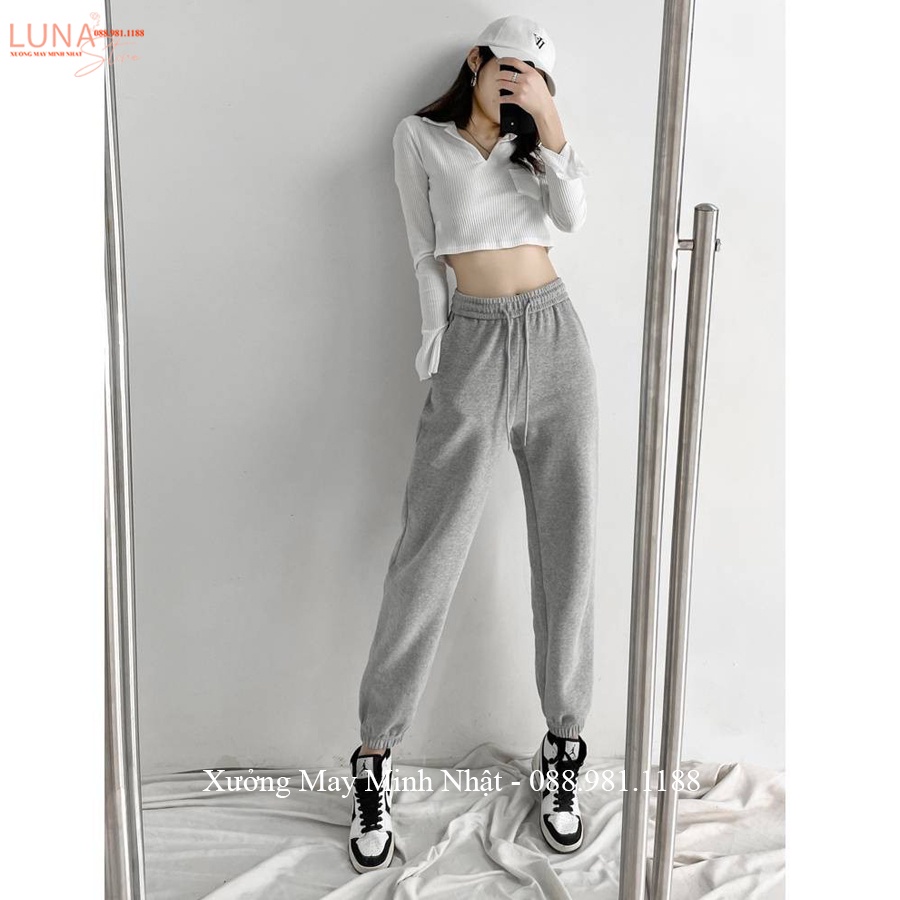 Quần Jogger nỉ nữ thun trơn bo ống gấu ống rộng cạp chun Unisex dáng Ullzang vải da cá dày mềm ấm mặc thể thao ở nhà đẹp