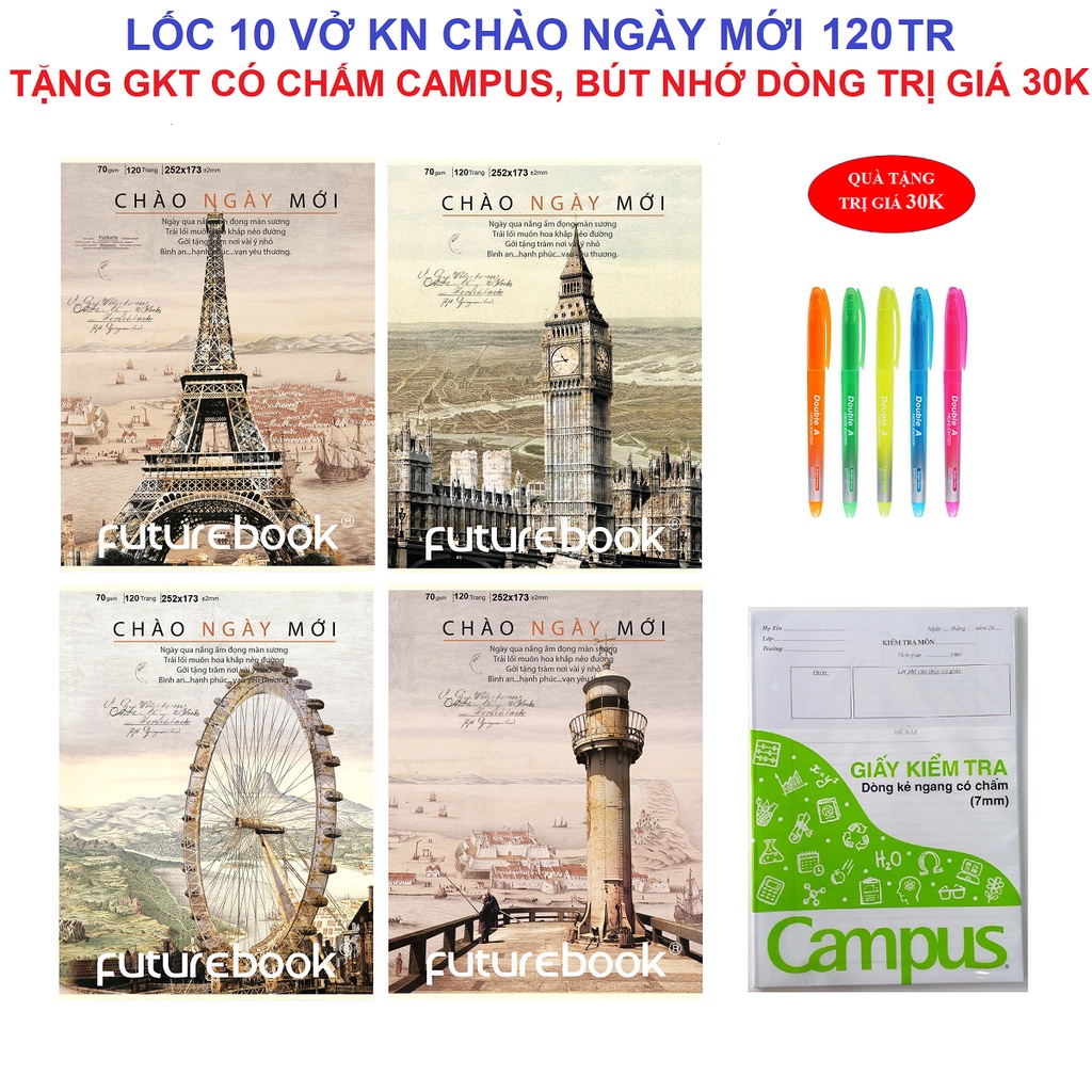 Lốc 10 vở KN Futurebook chào ngày mới 120tr 223 - Tặng GKT có chấm, bút nhớ dòng