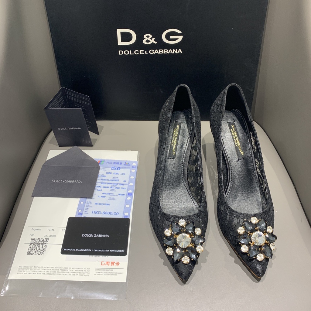 Giày Cao Gót Dolce & Gabb * * *  Màu Đen Đính Đá Phối Ren Hoa Hướng Dương Phong Cách Cổ Điển 1: 1 Restore