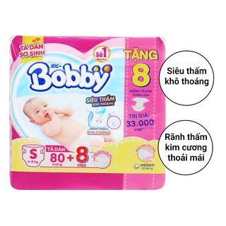 Tã dán Bobby siêu thấm size S 80 miếng+8 (cho bé 4-8kg)