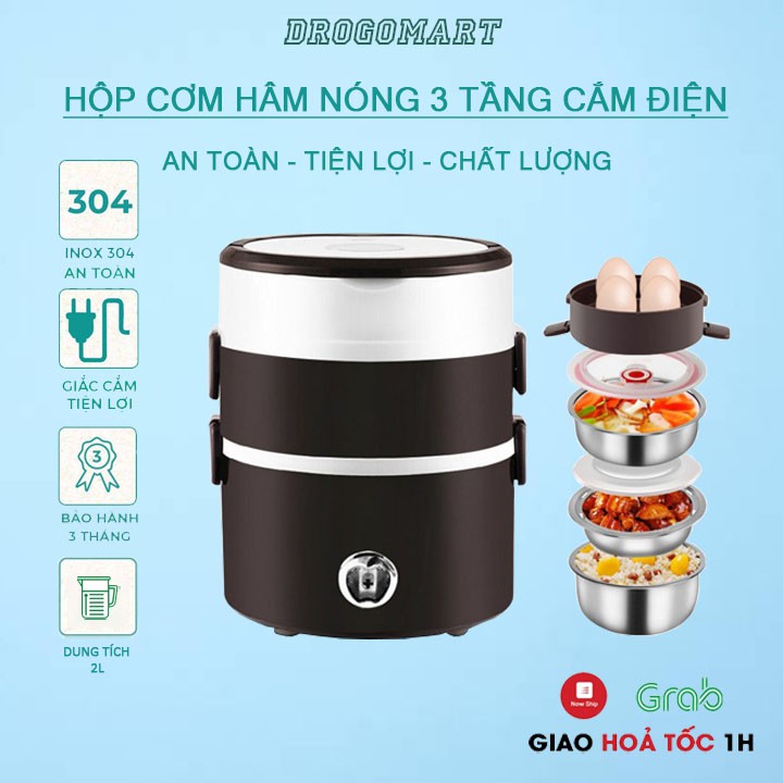 Hộp cơm giữ nhiệt  3 tầng inox cắm điện, Cặp lồng ủ cơm Star giúp hâm nóng cơm, thức ăn