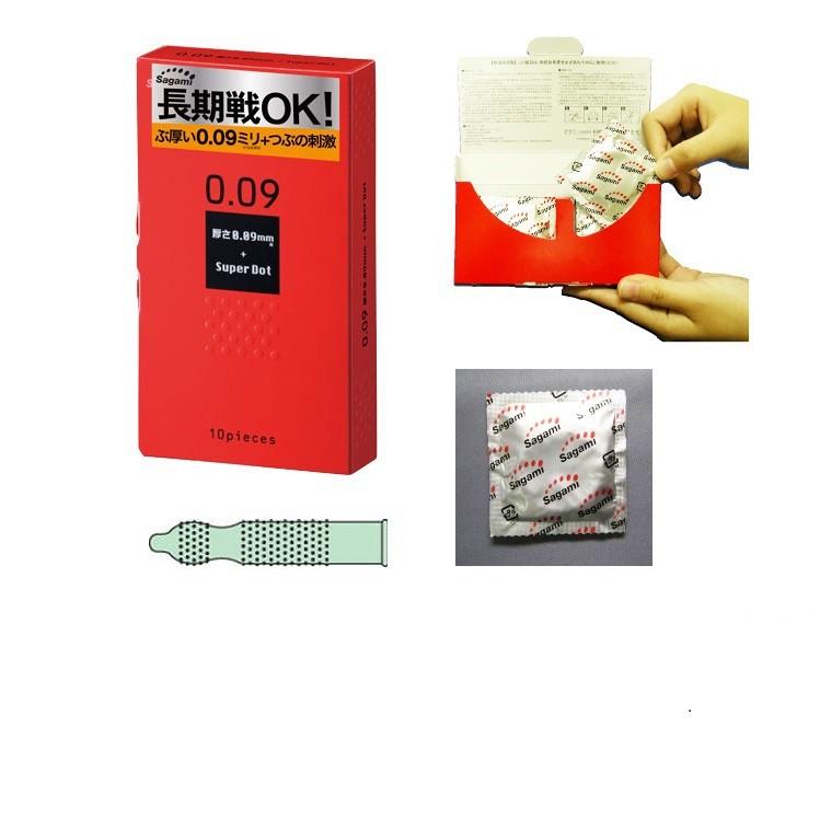 Bao cao su gân gai siêu to SAGAMI SUPER DOT 009, bcs kéo dài thời gian xuất xứ Nhật Bản, hộp 10 bcs