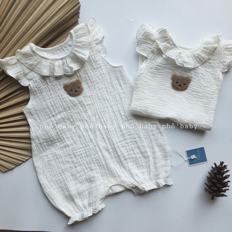 body/bộ xô muslin  trắng kem gấu siêu xinh