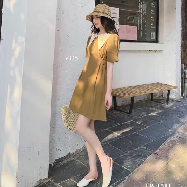 Váy buộc eo cổ V tiểu thư màu vàng sang chảnh 🧡