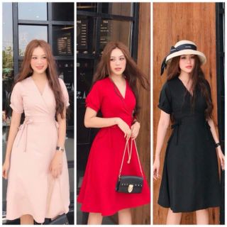(Kèm hình thật) đầm tiểu thư dáng xòe rút eo dáng dài tới gối màu đỏ đen hồng