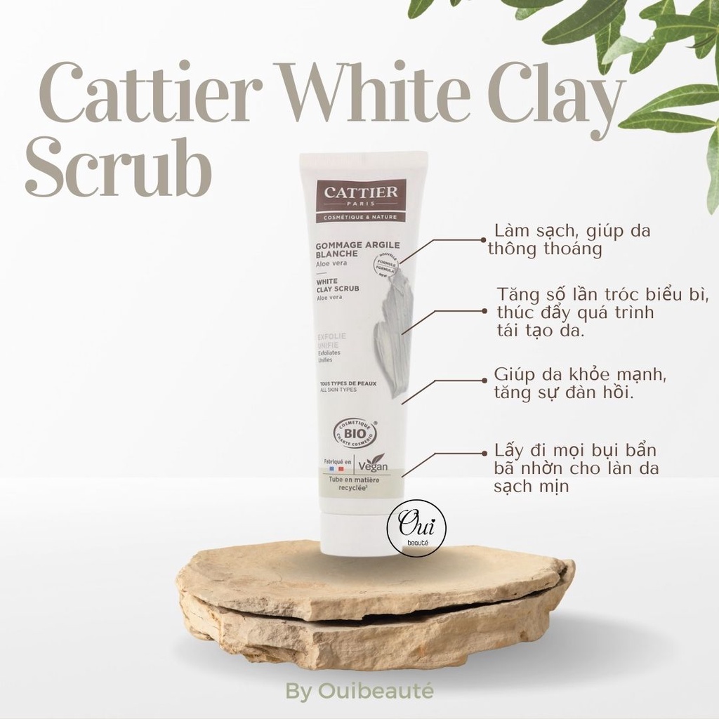 Tẩy da chết đất sét trắng Cattier White Clay Scrub Aloe Vera, Tẩy tế bào chết hương lô hội 100ml Ouibeaute