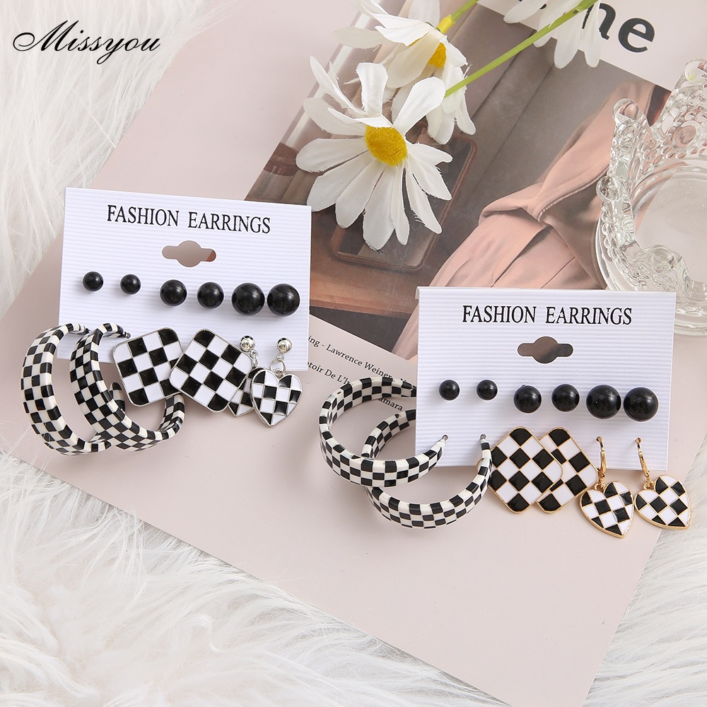 Set 6 Khuyên Tai Tròn / Vuông / Ca Rô / Trái Tim Thời Trang Cho Nữ