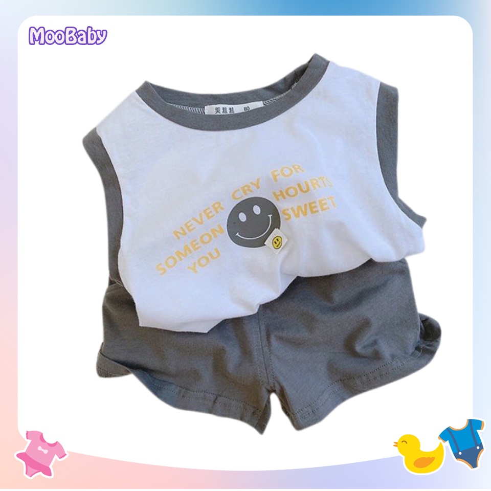 Bộ Ba Lỗ Sát Nách Bé Trai in chữ Never Cry, Đồ Bộ Hè Chất Cotton Cực Mát Cho Bé Từ 6-27kg - MOOBABY SHOP