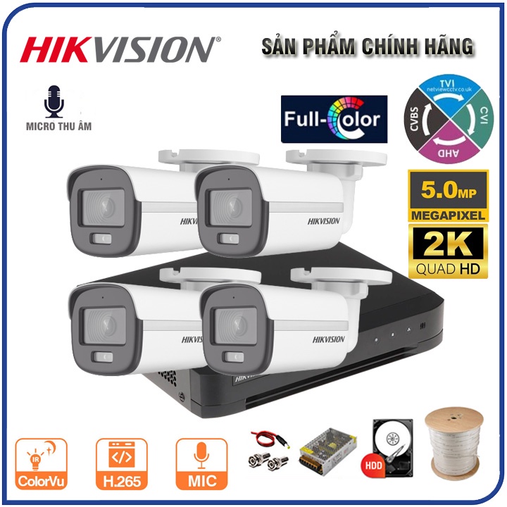 Bộ Camera quan sát HIKVISION Super 5.0MP Chính hãng, Quay đêm có màu, Mic thu âm - Đủ phụ kiện lắp đặt - Bảo hành 24th