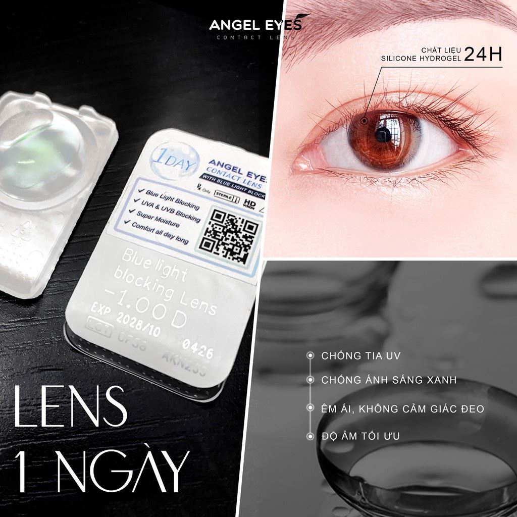 [RẺ VÔ ĐỊCH] Lens 1 ngày trong suốt Angel Eyes cho mắt nhạy cảm có độ cận từ 0 đến ̉6 độ chống ánh sáng xanh