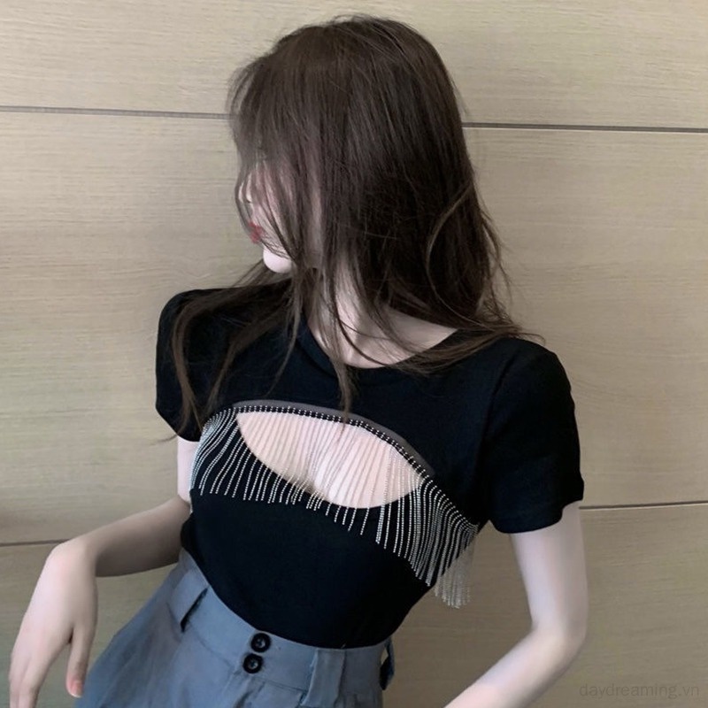 Áo Croptop Dệt Kim Tay Ngắn Dáng Ôm Phối Tua Rua Trọng Lượng Nhẹ Thời Trang Cho Nữ
