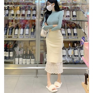 Set chân váy bút chì dáng dài phối ren hoa sang chảnh+ áo len ôm body