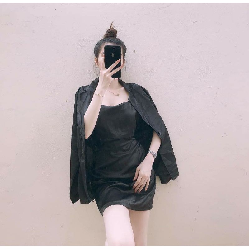 set vest 2 món đầm dây kèm khoác ( hình thật )