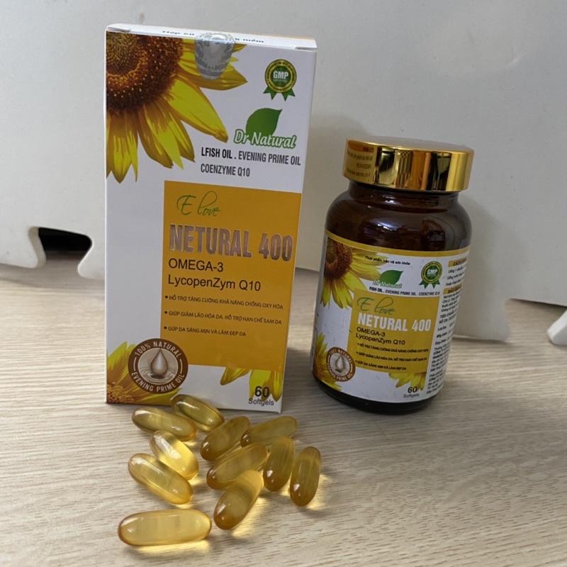 Viên uống sáng đẹp da Vitamin E 400iu Hộp 60 viên - E Love Netural 400 Omega 3 Lycopenzym Q10 - E hàm lượng cao