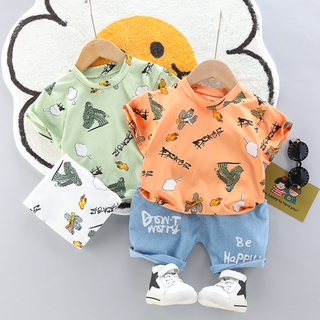 Set Áo Thun Ngắn Tay Cổ Tròn + Quần Short Denim Lưng Cao Thời Trang Cho Bé