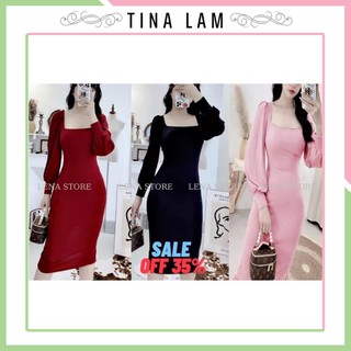 [MẪU MỚI] Đầm Body Cổ Vuông Tay Dài Chất Thun Gân Thích Hợp Mặc Đi Tiệc Đi Làm Đi Chơi Phù Hợp Với Mọi Phong Cách