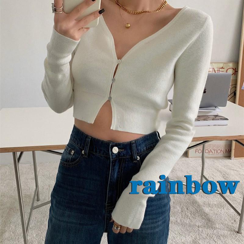 Áo Thun Lửng Tay Dài Màu Trơn Phối Hàng Nút Màu Cầu Vồng Thời Trang Cho Nữ | BigBuy360 - bigbuy360.vn