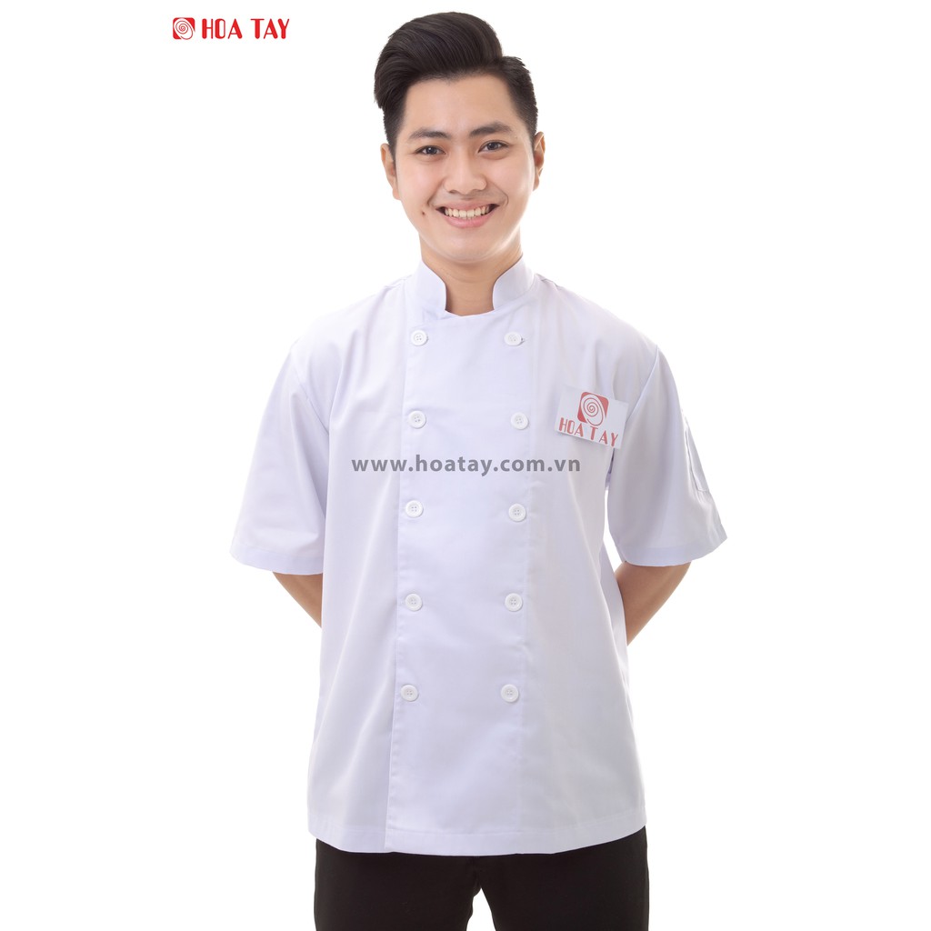 HOA TAY _ Áo Đầu Bếp Nam Màu Trắng Tay Ngắn Kaki Nhuyễn