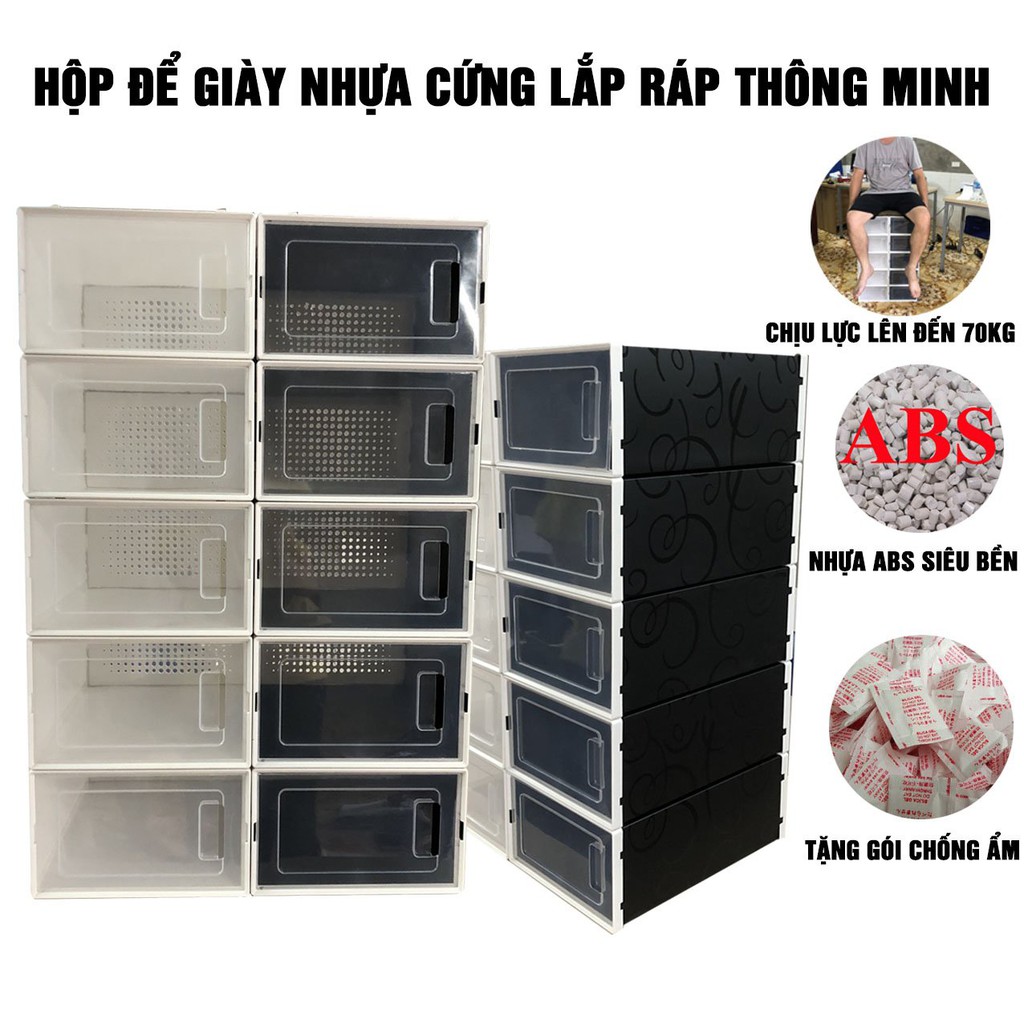 Combo 10 Hộp Đựng Giày Nắp Nhựa Thoát Khí Lắp Ghép Tiện Lợi 2 Màu Đen Trắng Size Lớn ( tặng gói chống ẩm)