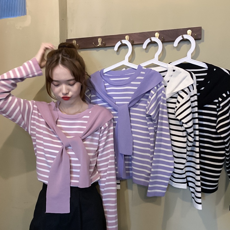 Áo thun nữ tay dài dáng rộng họa tiết sọc ngang thời trang phong cách Hàn Quốc