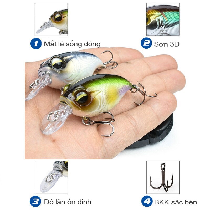 Mồi giả câu cá Crank 3D có bi dài 3.8cm nặng 8g Lưỡi BKK sắc bén,không rỉ phukiencaulure25 mồi câu lure, cá lóc, chẽm