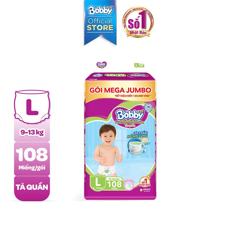 Combo 2 Tã quần Bobby Lõi nén Mega Jumbo L104 (Không tặng miếng)