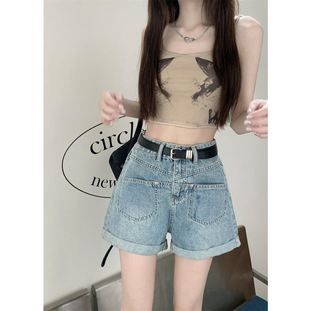 Lalisas Quần short denim Lưng Cao Ống Rộng Viền Xoăn Phong Cách Retro Mỹ Thường Ngày Cho Nữ
