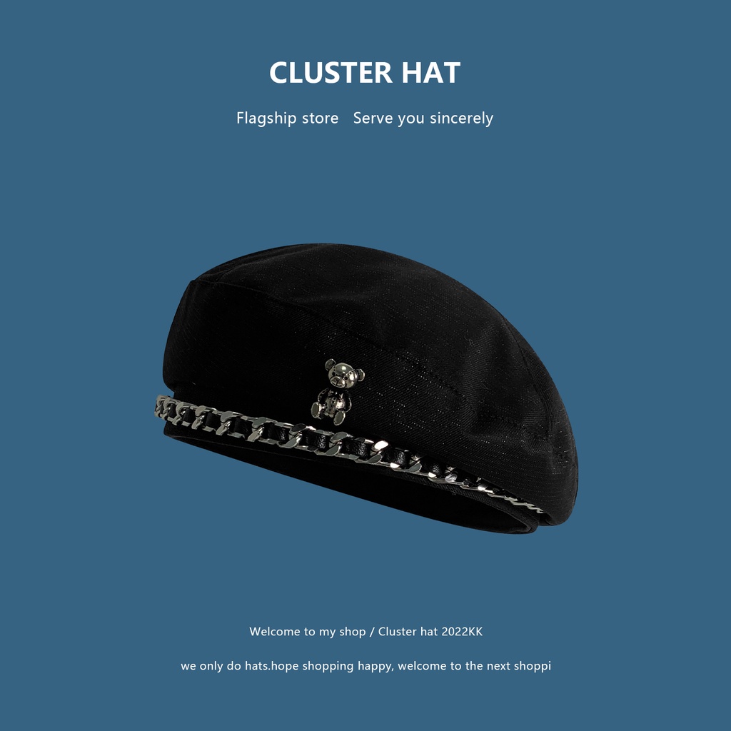 Mũ Beret Phối Dây Xích Họa Tiết Gấu Hoạt Hình Thời Trang Xuân Thu Dành Cho Nữ